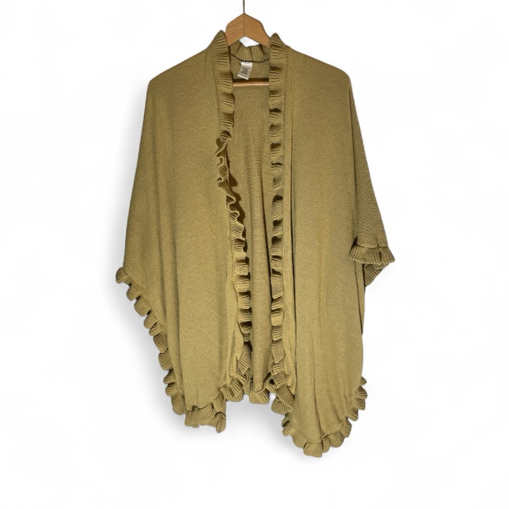 F3- Worthington Ruffle Sweater Ruffled Edge Knit Shawl in Olive Green